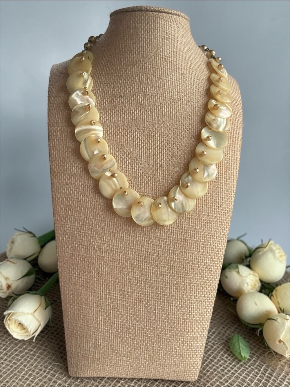 Mid Century Hand Sewn Mother of Pearl Disc Collar Necklace Faux Pearl Accents